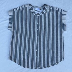 Gray and White Striped Sleeveless Button-Up Shirt